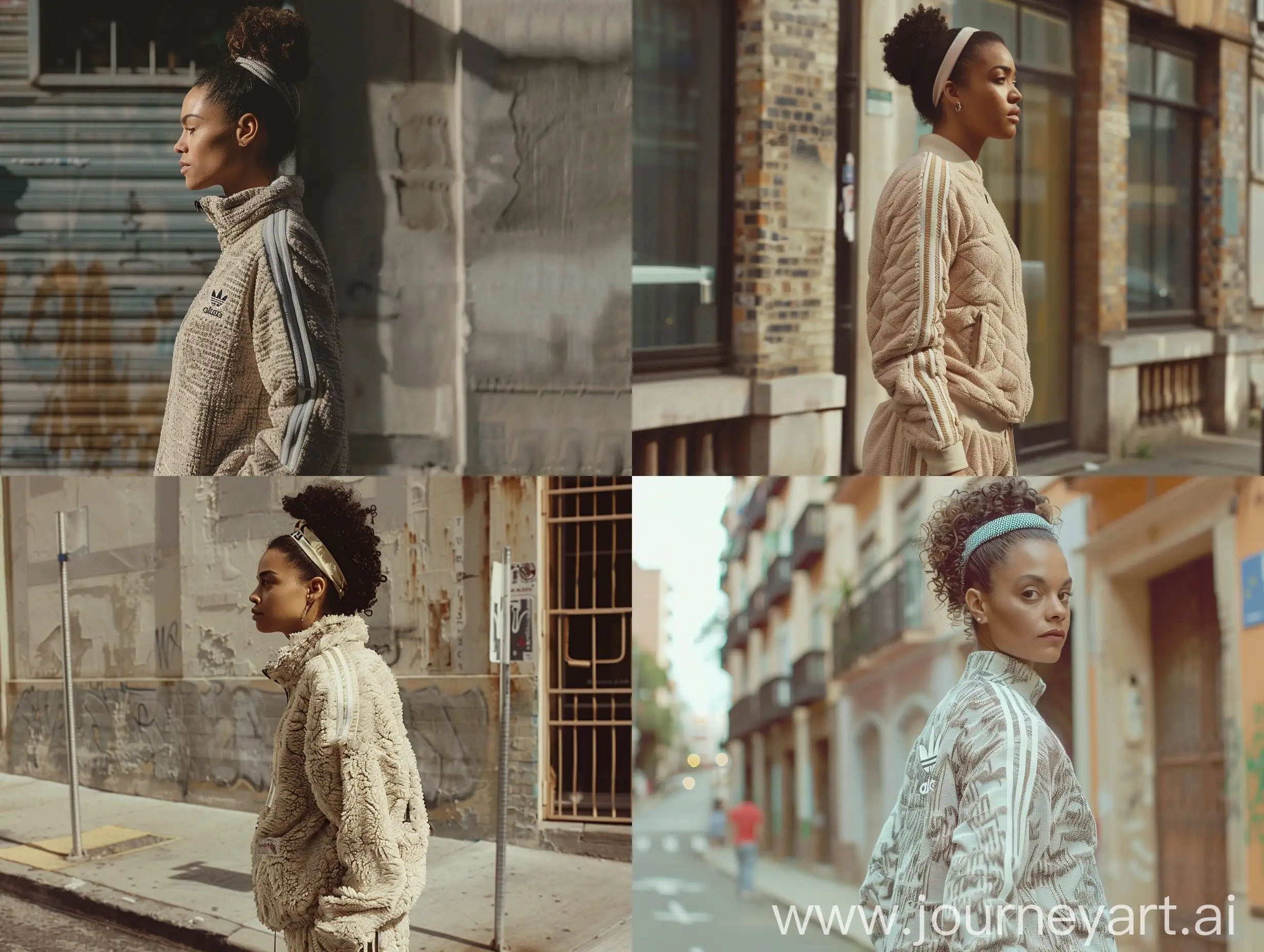 A woman, reminiscent of Tessa Thompson and Fabiula Nascimento, stands on the street wearing an Adidas tracksuit, her head adorned with a headband. The texture of the tracksuit adds depth to her look, while the profile shot captured by Estevan Oriol enhances the promotional still.
