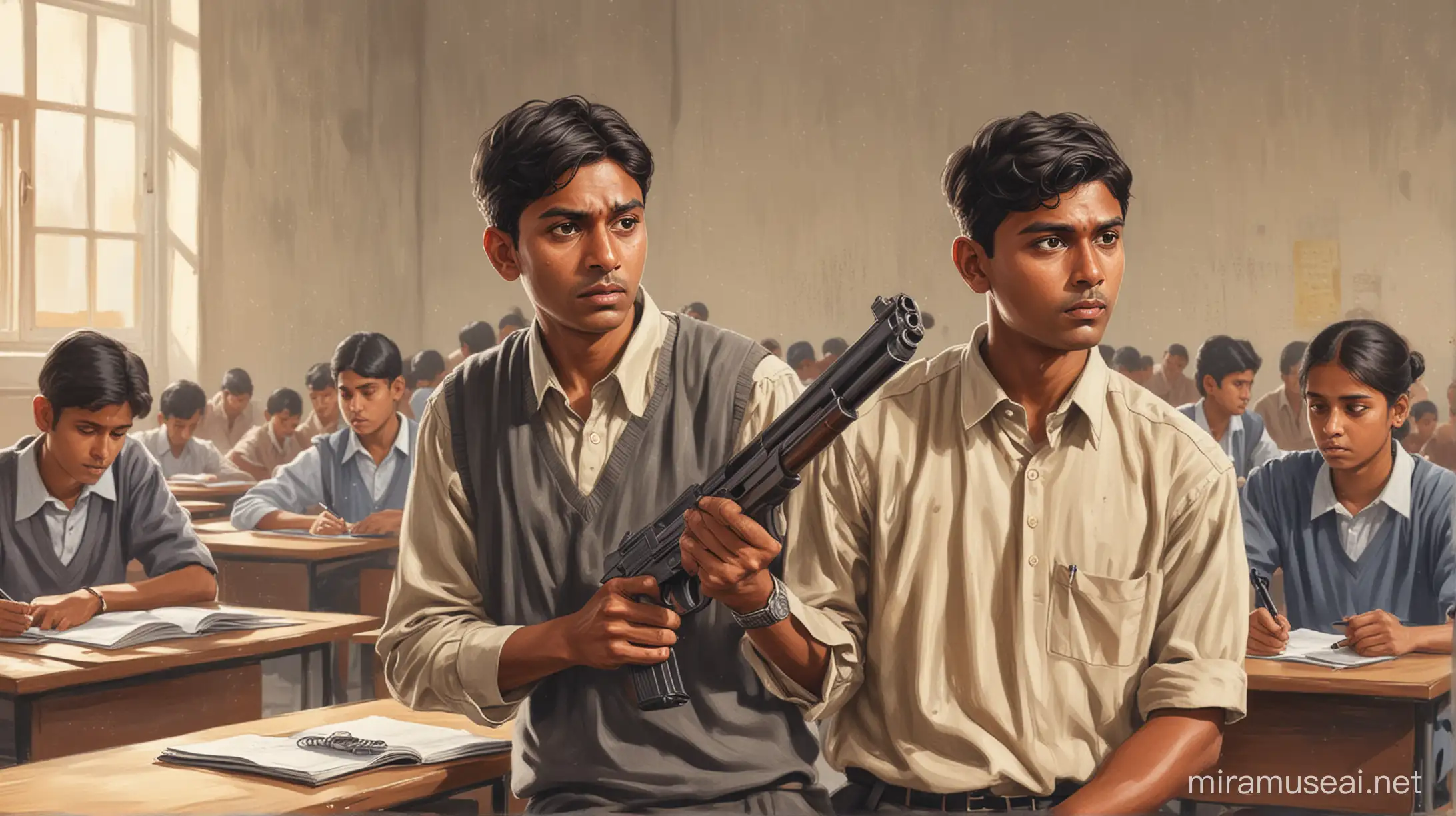 illustration of indian criminal in school with gun