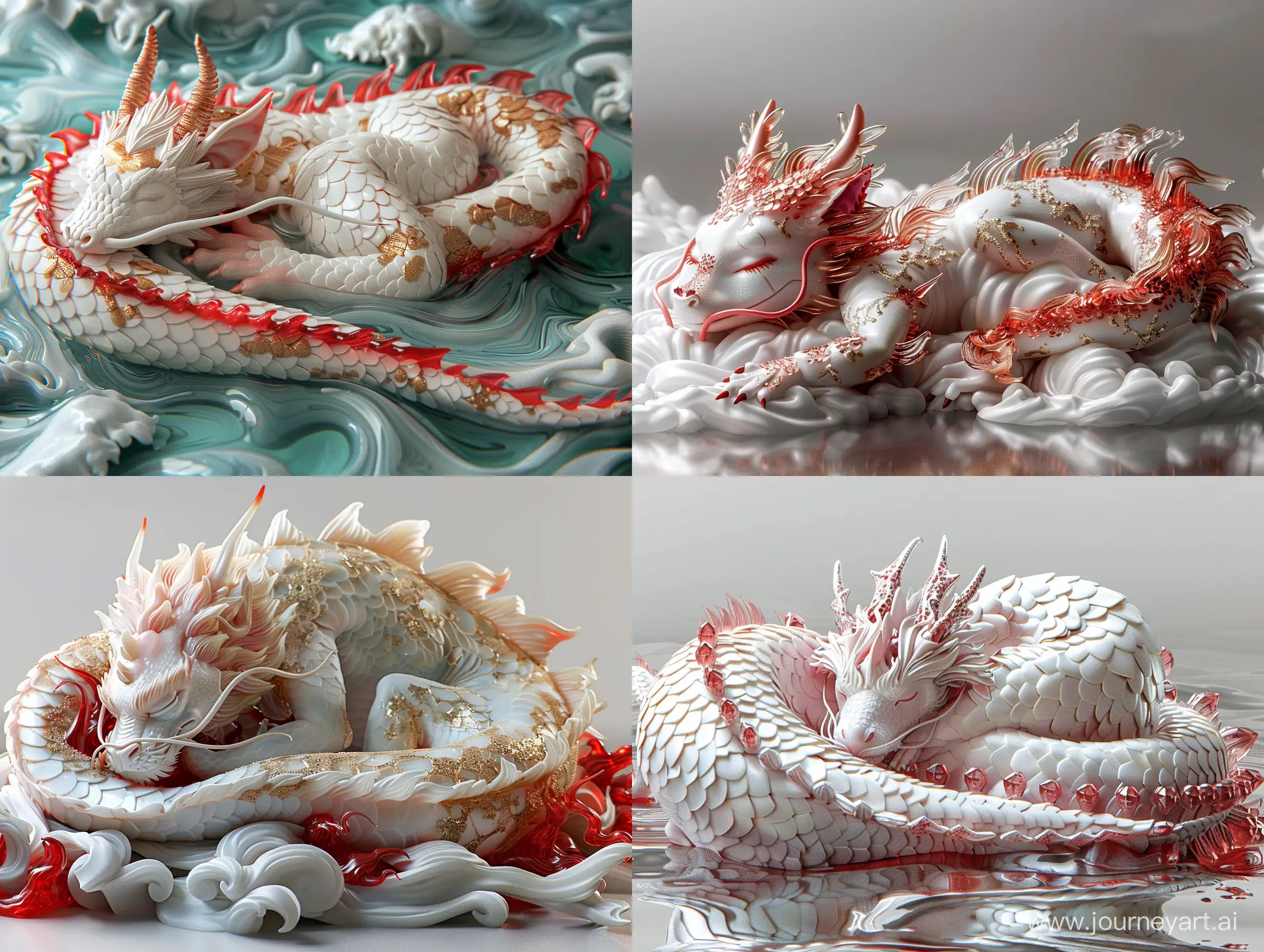 Dragon sleeping on seas, translucent glass, zbrush, ruby and gold style, anime aesthetics, furry art, red and white, elaborate, c4d rendering, super high detail, 3d stylize 250