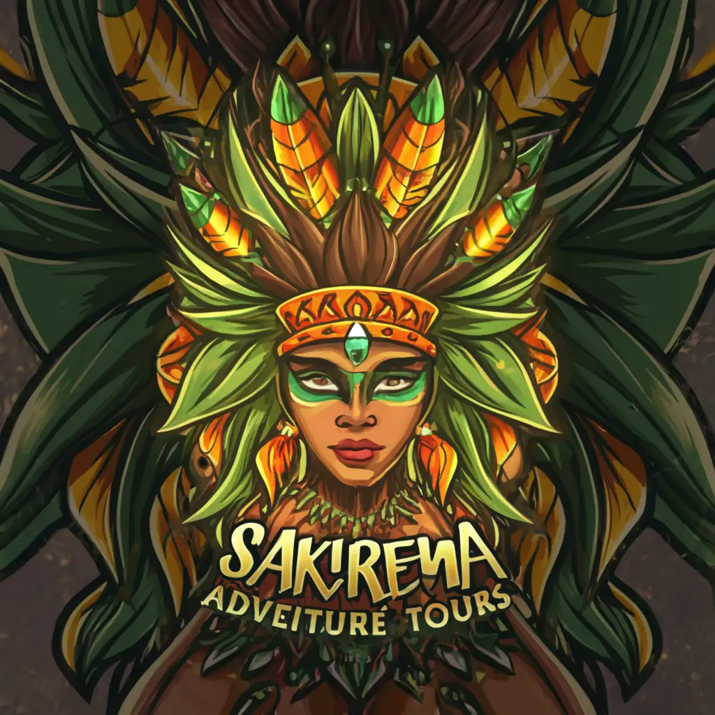 a logo design, with the text 'SAKIREMA ADVENTURE TOURS', main symbol: face of sexy brown-skinned Latina features jungle goddess, wearing a feather headdress, with green colored eyes and tribal face paint, Moderate, to be used in Travel industry, clear background