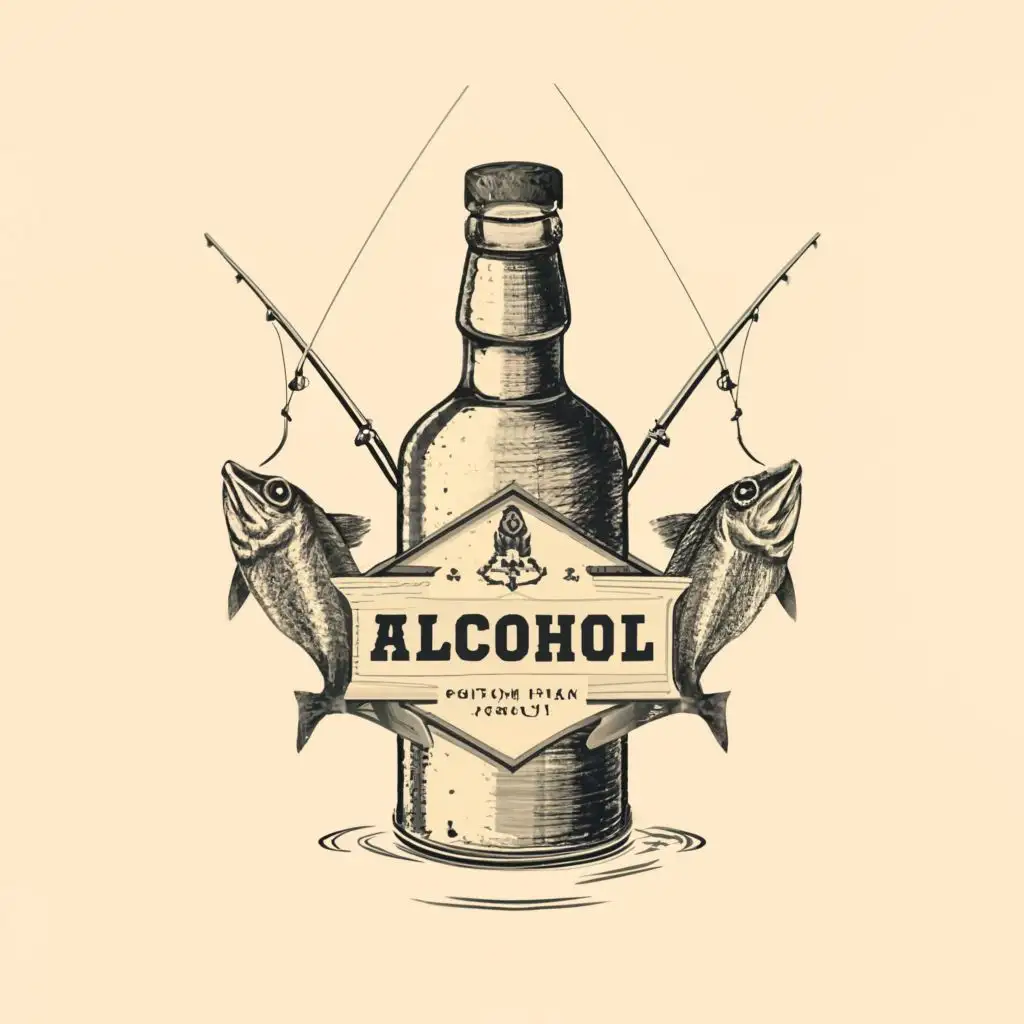 logo, Bottle, fishing, with the text "Alcohol", typography
