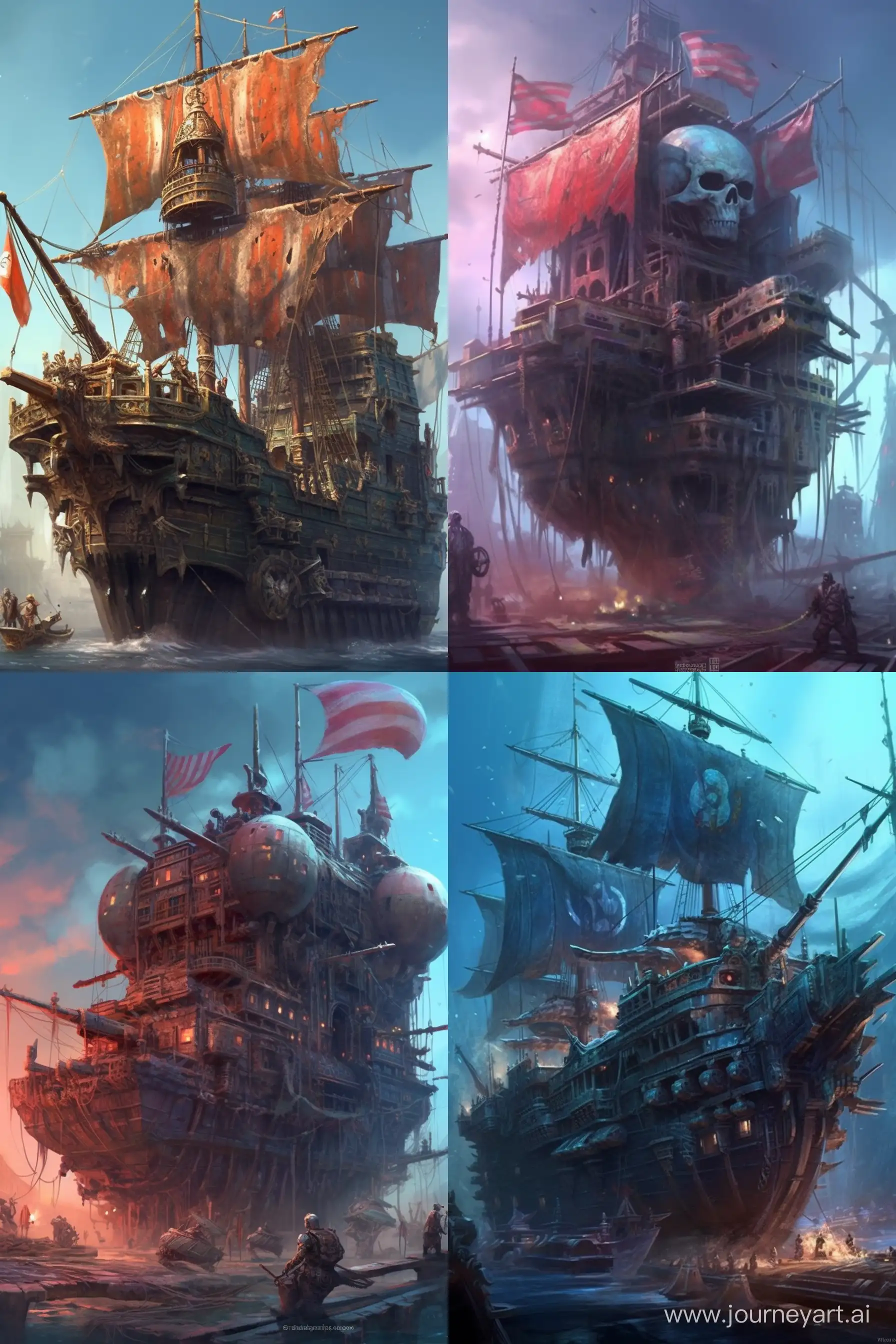 a Pirate ship with skull flag. Very exciting and detailed. High clarity and color diversity. cyberpunk style. --ar 2:3 --v 5.1 --s 750