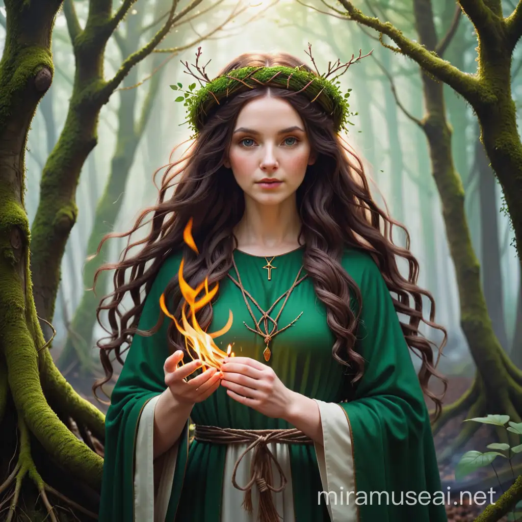 st brigid, forest goddess, leaves and branches for hair, holding fire, moss and roots for dress