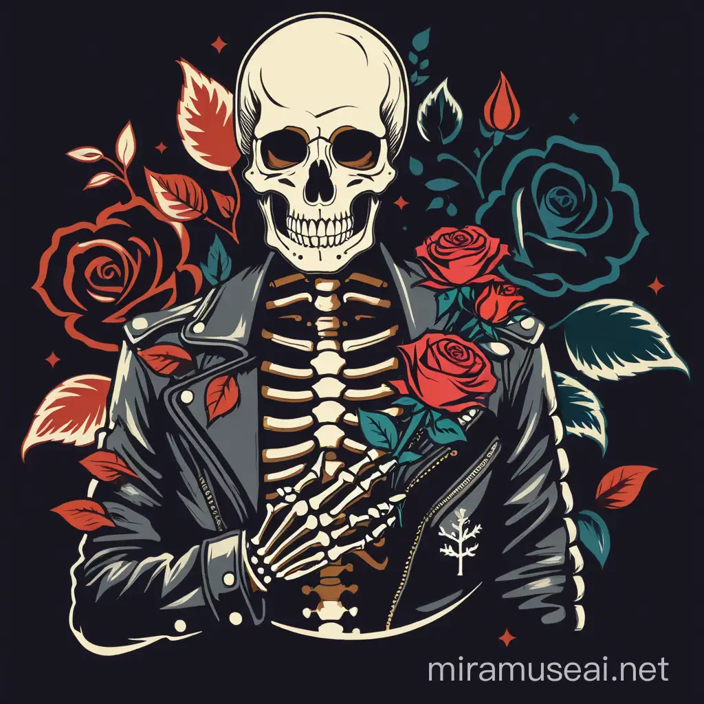 Vintage design, very beautiful drawing, stencils, simple, minimalism, vector art, Sketch drawing, flat, 2d, vintage style,skeleton skeleton wearing leather jacket, The right hand holds a rose and places it above the left chest, close-up "Not the same as the original model"