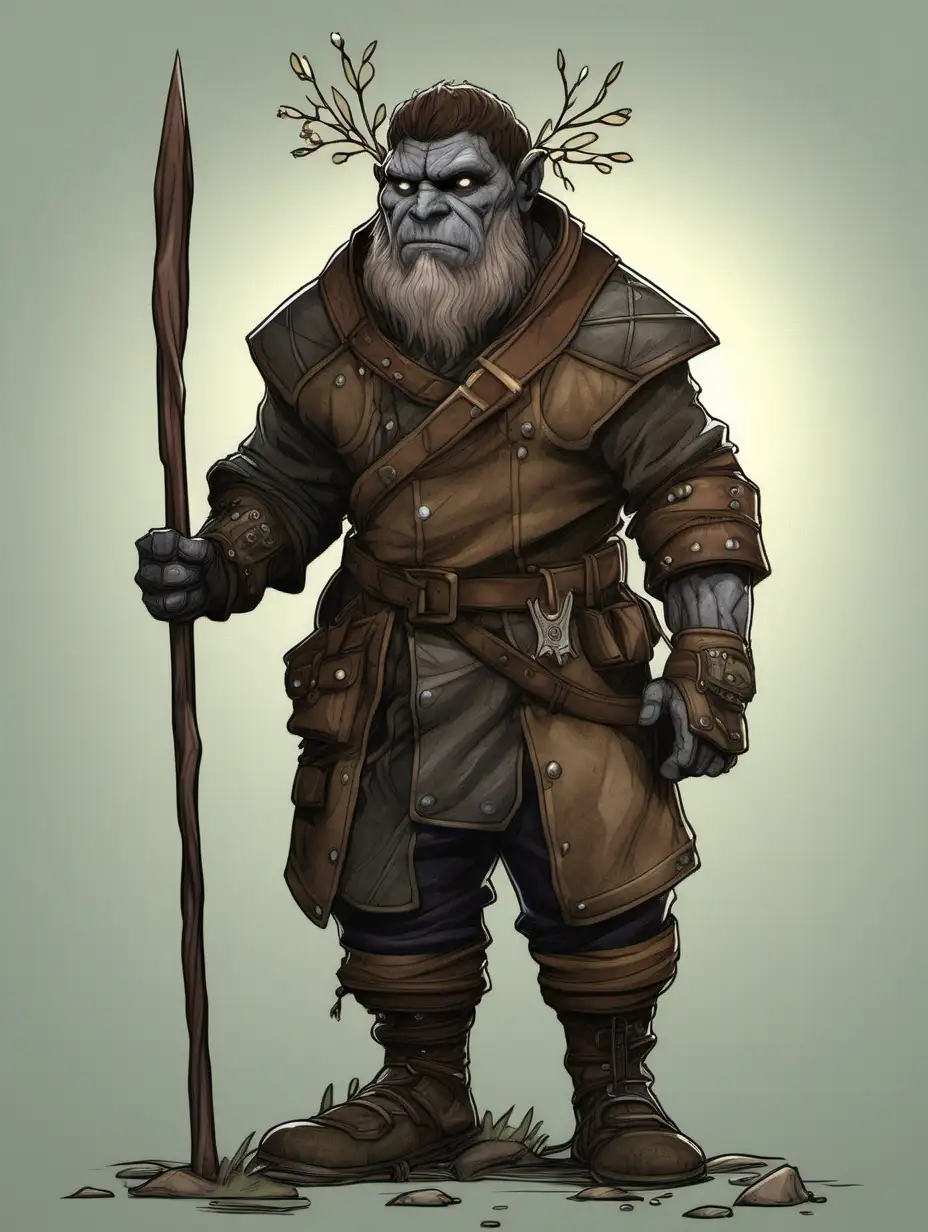 Rough and stout humanoid with grey skin, friendly face, and brown hair. Seems to be a little hunched, wearing leather gear and a quarterstaff with mistletoe on the top.