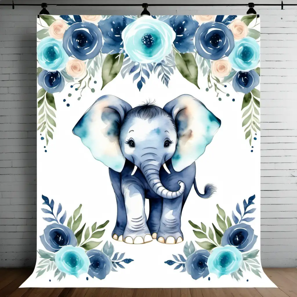 Rustic Blue Floral Elephant Baby Shower Backdrop