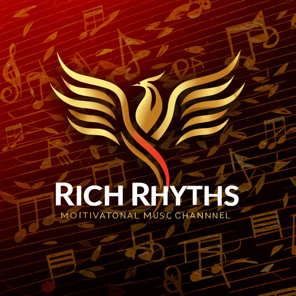 a logo design,with the text "Rich Rhythms", main symbol:Create a flat vector, illustrative-style emblem logo design for a motivational and focusing music channel named 'Rich Rhythms', where the emblem is composed of a stylized, abstract phoenix rising from music notes. The logo combines shades of red and gold against a white background to represent rebirth, triumph, and the power of music in overcoming challenges. The phoenix symbolizes the viewer's potential to rise from any adversity, in line with the channel's motivational theme.,Moderate,clear background