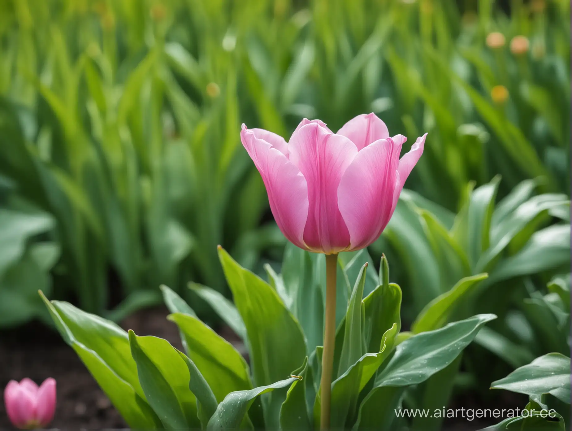 Один розовый тюльпан, фон листьев зеленый размытый