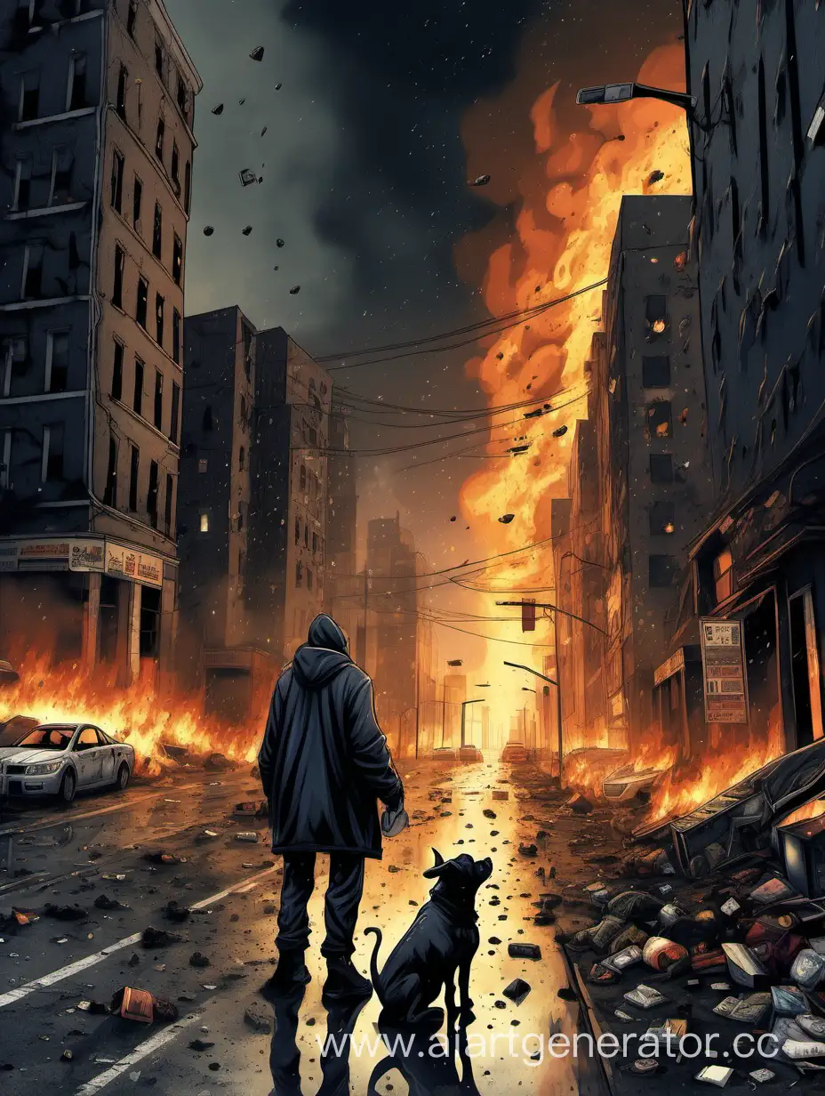 Apocalyptic-Scene-Burning-City-Falling-Asteroids-and-Lone-Dog