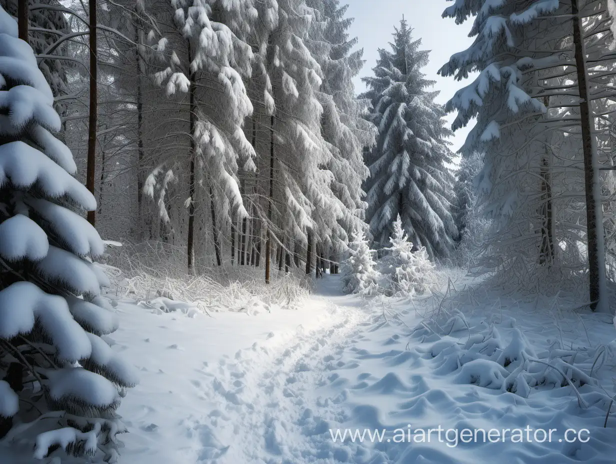 зимний снежный лес с ёлками и тропинками днем