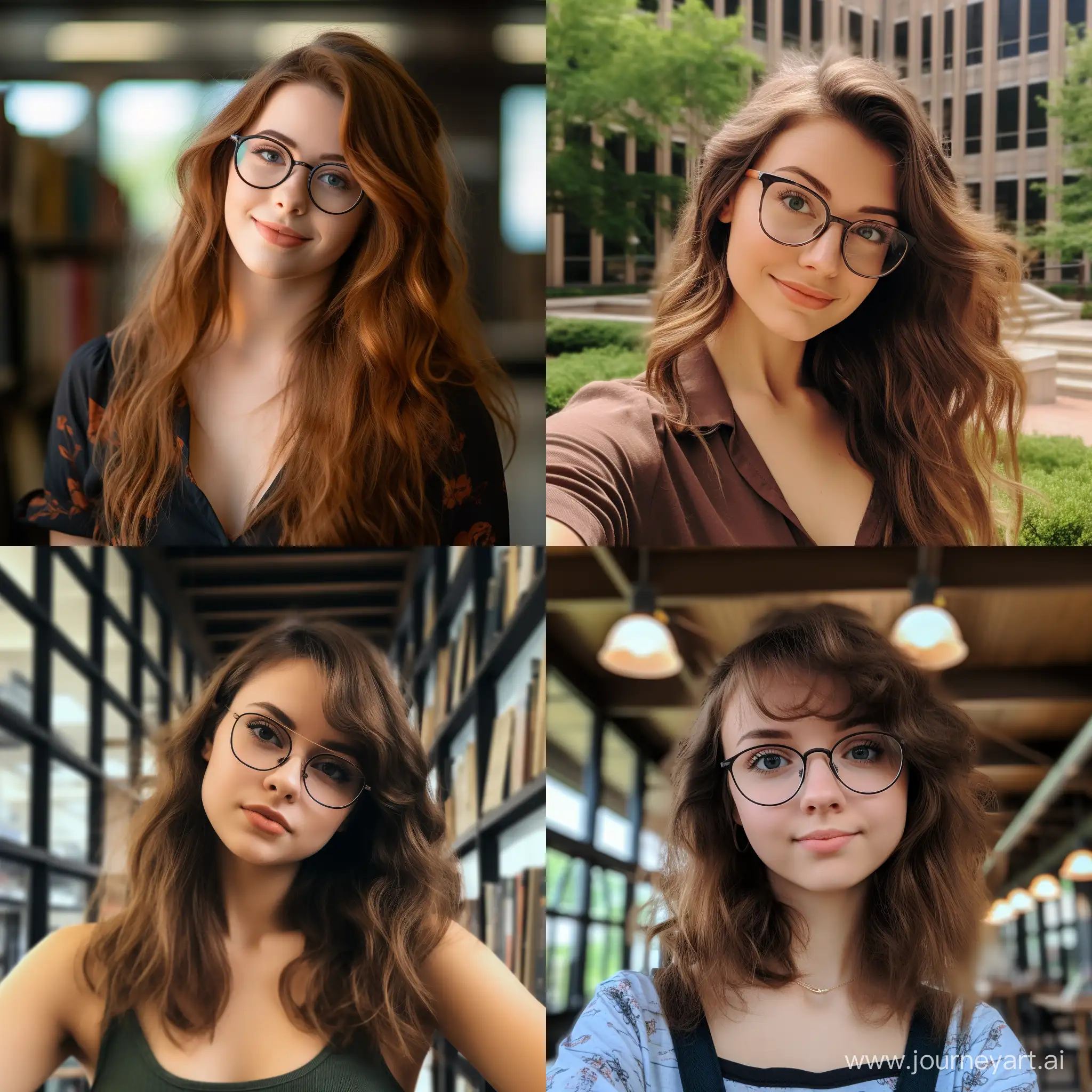 Student brown hair with glasses in front of library