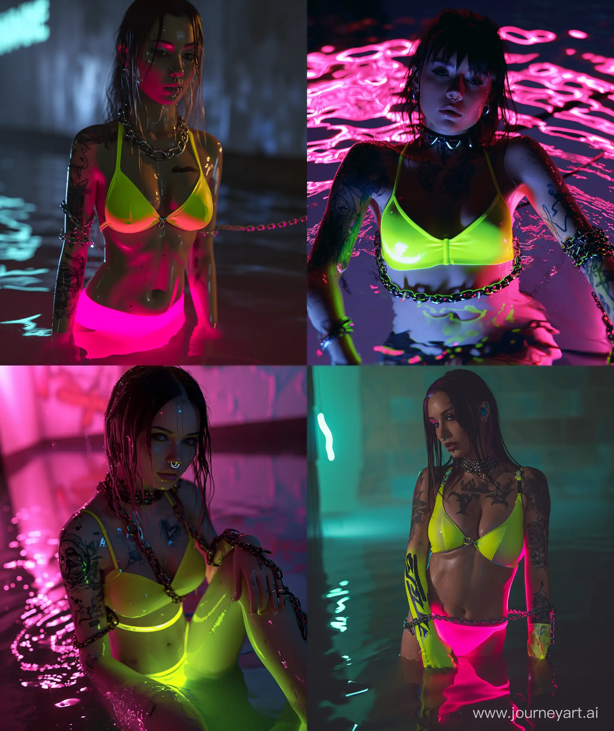 Beautiful cyber punk girl neon lumination, dark, hot pink and lime yellow, water reflection, full body, chain binding her,glossy body, tattoo arm, nose ring, hot Looking --ar 27:32 --v 6