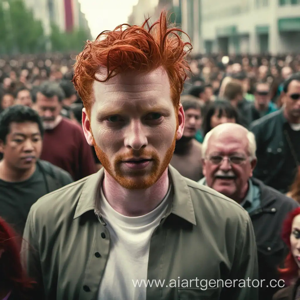 Мужчина с красными волосами стоит в толпе людей