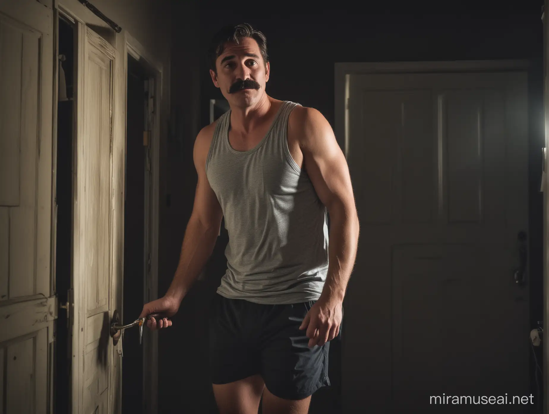 Un hombre adulto con bigote, camiseta de tirantes, shorts y con sueño saliendo de su habitación de una casa oscura en la noche
