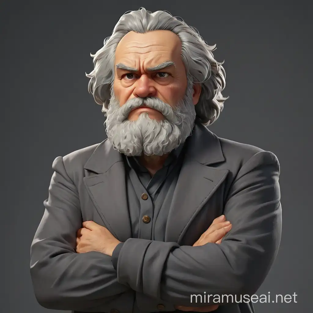 
Karl Marx is offended and angry, folded his arms on his chest and turned away, raising his head. 
We see him in full growth, with arms and legs. In the style of realism, 3D animation