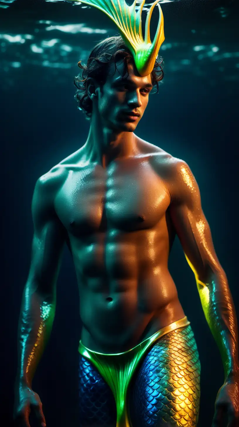Prompt  male Brazilian wet neon mermaid body Prompt /imagine prompt : An ultra-realistic photograph captured with a canon 5d mark III camera, equipped with an 85mm lens at F 1.8 aperture setting, portraying male athlete mermaid body with tail wearing fluorescent headpiece . The background is under the sea, dark with soft yellow light highlighting the subject. The image, shot in high resolution and a 9:16 aspect ratio, captures the subject’s natural beauty and sexuality with stunning realism Soft spot light gracefully illuminates the subject’s body, highlighting the body, casting a dreamlike glow. make it really realistic and detailed --ar 9:16 --v 5.3 --style raw