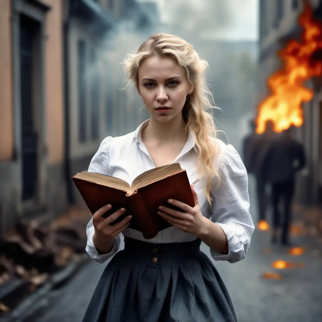 Young Woman with Closed Book on 1820s Street Dramatic Autumn Portrait