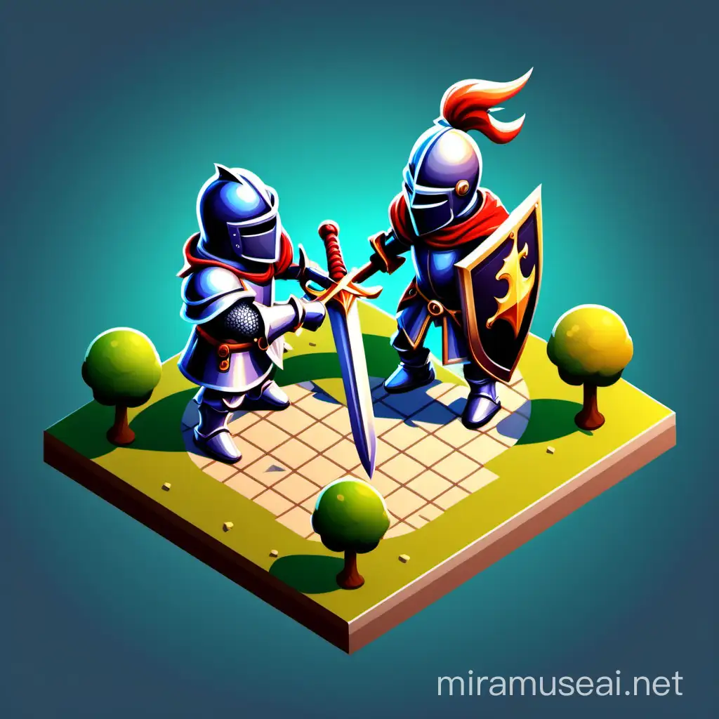 иконка в казуальном стиле для мобильной игры, рыцарь дерётся на арене один на один с другим рыцарем в изометрии