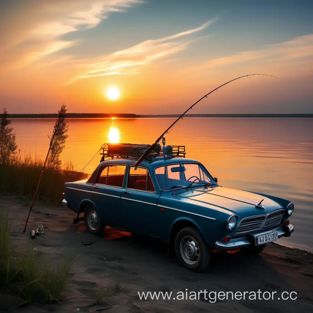 The Soviet Volga car stands next to a fishing rod on a fishing trip by the shore, with a sunset in the background