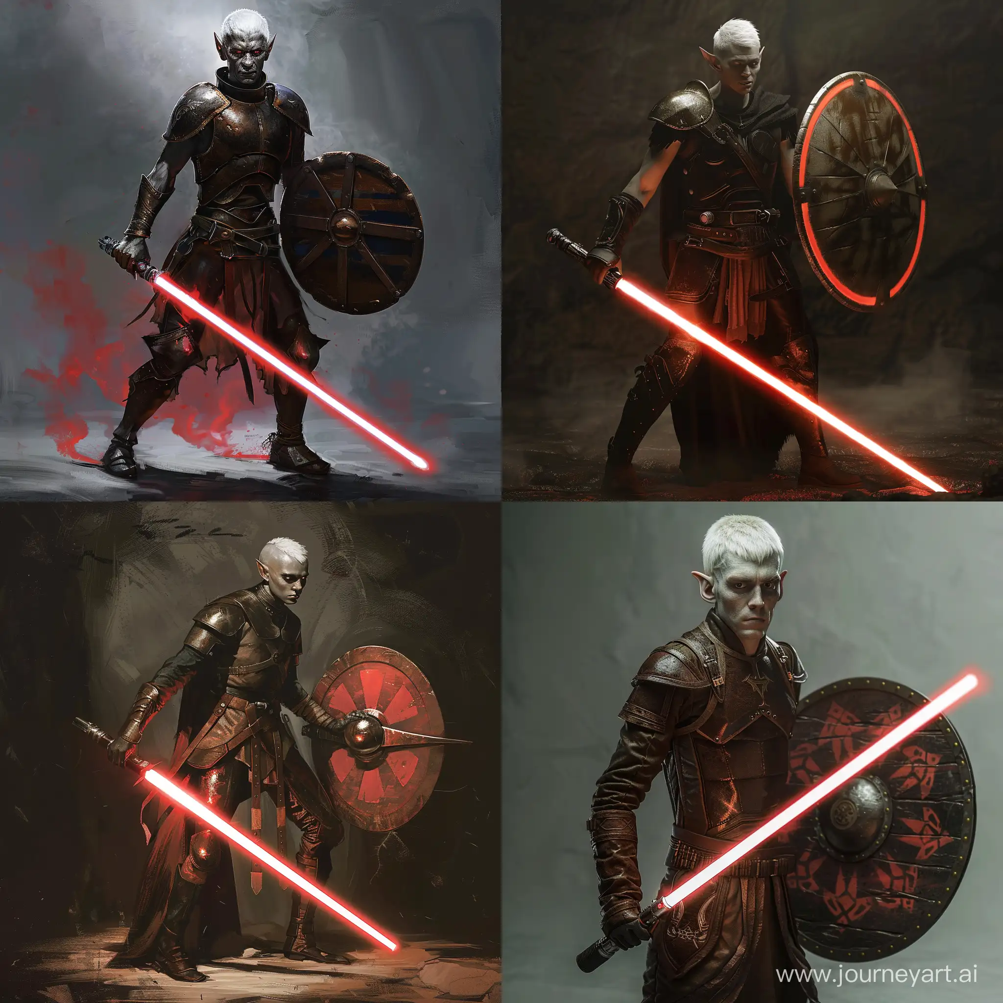 Male dark elf, lightsaber, shield in hand, short white hair, leather armor