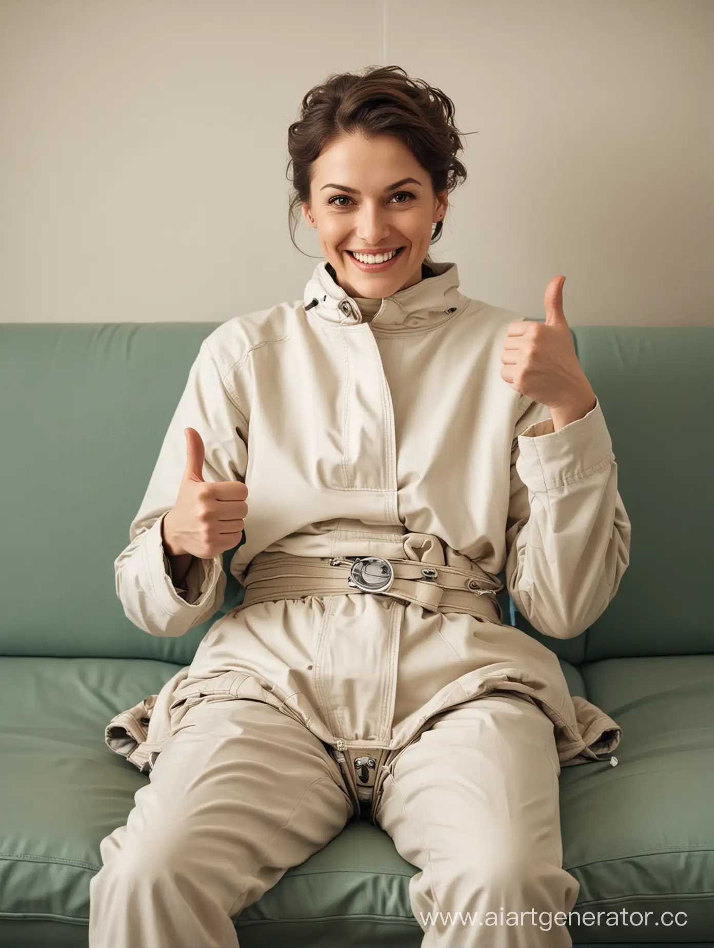 пациент улыбается после лоботомии в кабинете врача лежа на кушетке в смирительной рубашке и показывает большой палец вверх