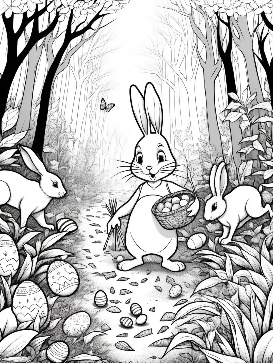  springtime, Easter bunny collecting supplies from the forrest, gathering help, flowers and animals on the Forest floor, minimalistic, best seller design with detailed illustration, black and white coloring page, white background, magical story telling, age 6-9 ---ar 2:3: