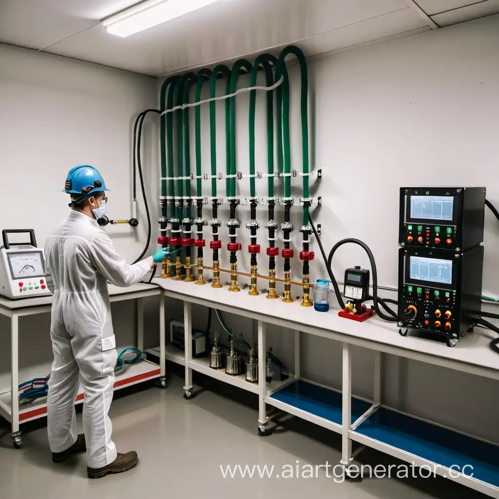 A technical laboratory with a test bench. Several hoses are connected to it, they are under high pressure. There are measuring devices and barometers next to the hoses. An examiner in a helmet is monitoring the process.