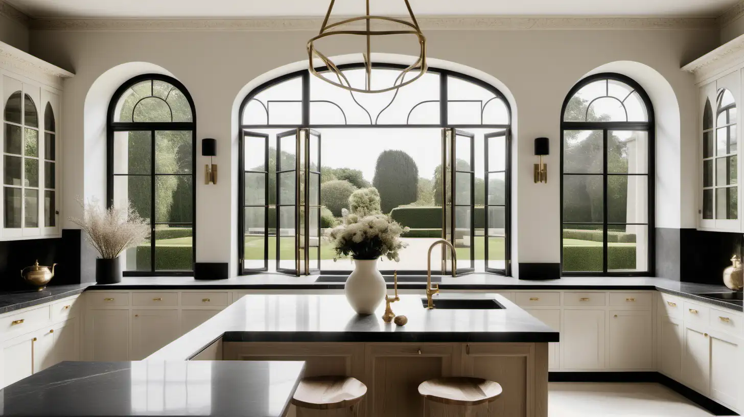 imagine a Modern minimalist French chateau-inspired large home kitchen; walls in ivory; blonde oak; brass; simplicity; large modern window with linen curtains; black accents; sprawling english manor style gardens;