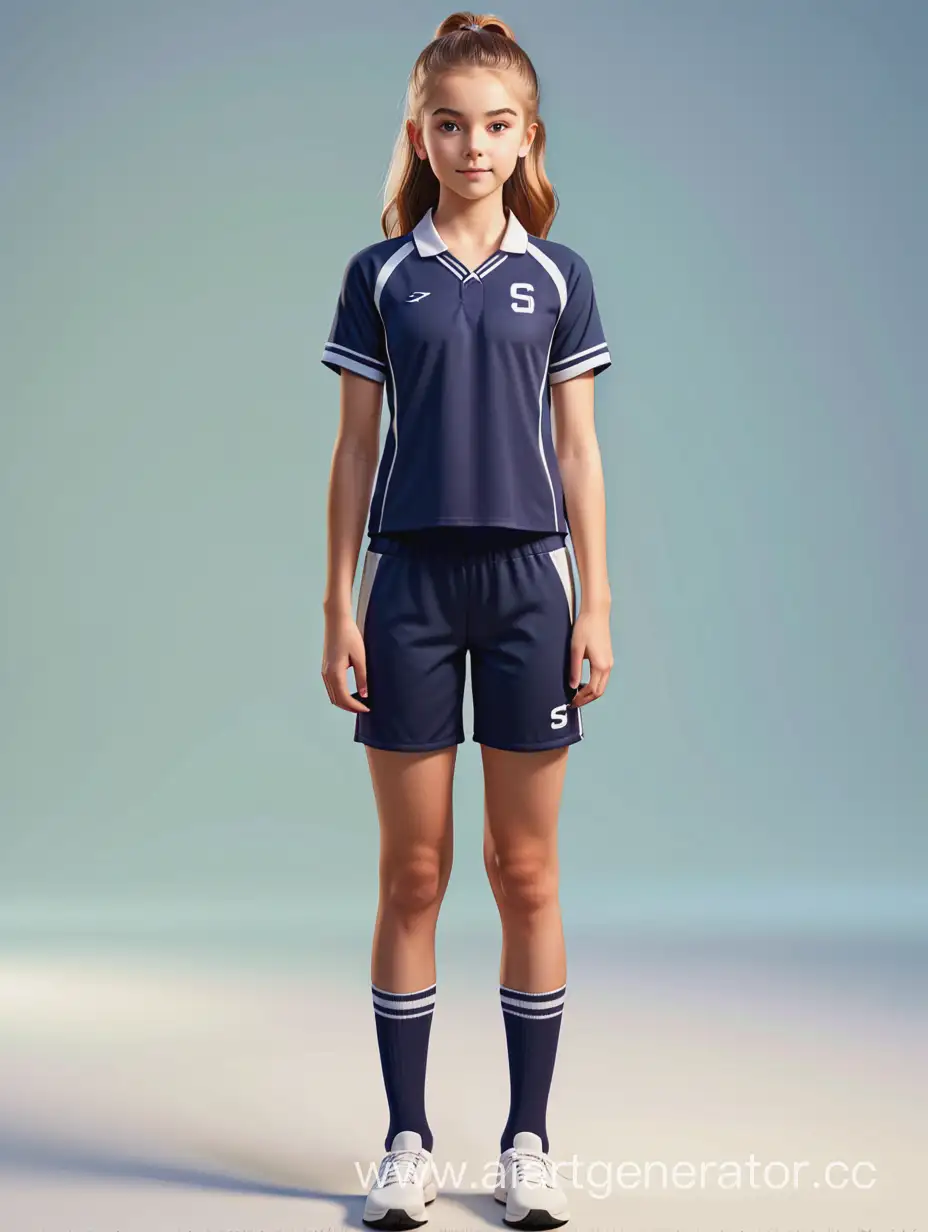 Generate a full-length photo of a teenager in a sports uniform. The teenager should look beautiful, healthy and fit. Sims-style.