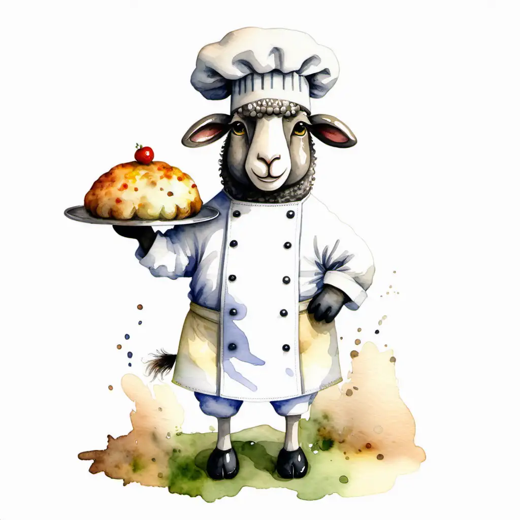 Adorable Chef Sheep Painting in Watercolor