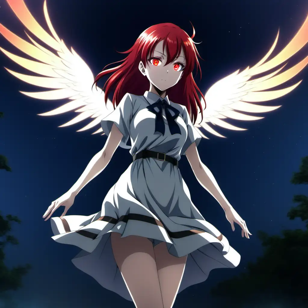 anime girl, large aura, red hair, flying, glowing eyes, standing straight