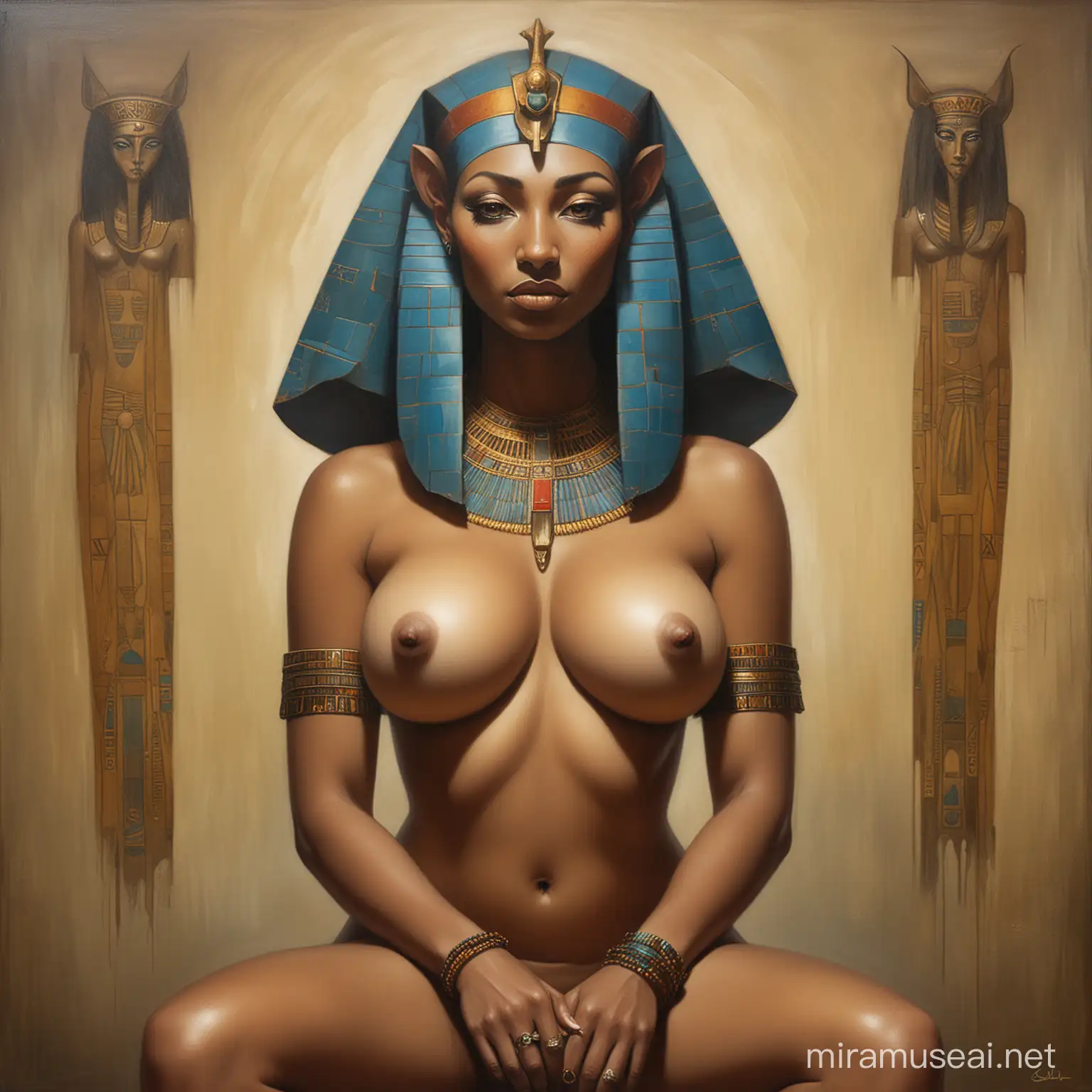 un portrait de la déesse égyptienne SEKHMET assise nu avec de trés gros seins et des tétons gros et pointu, dans un style mélangeant Marcel DECHAMP et de Esao Andrews,