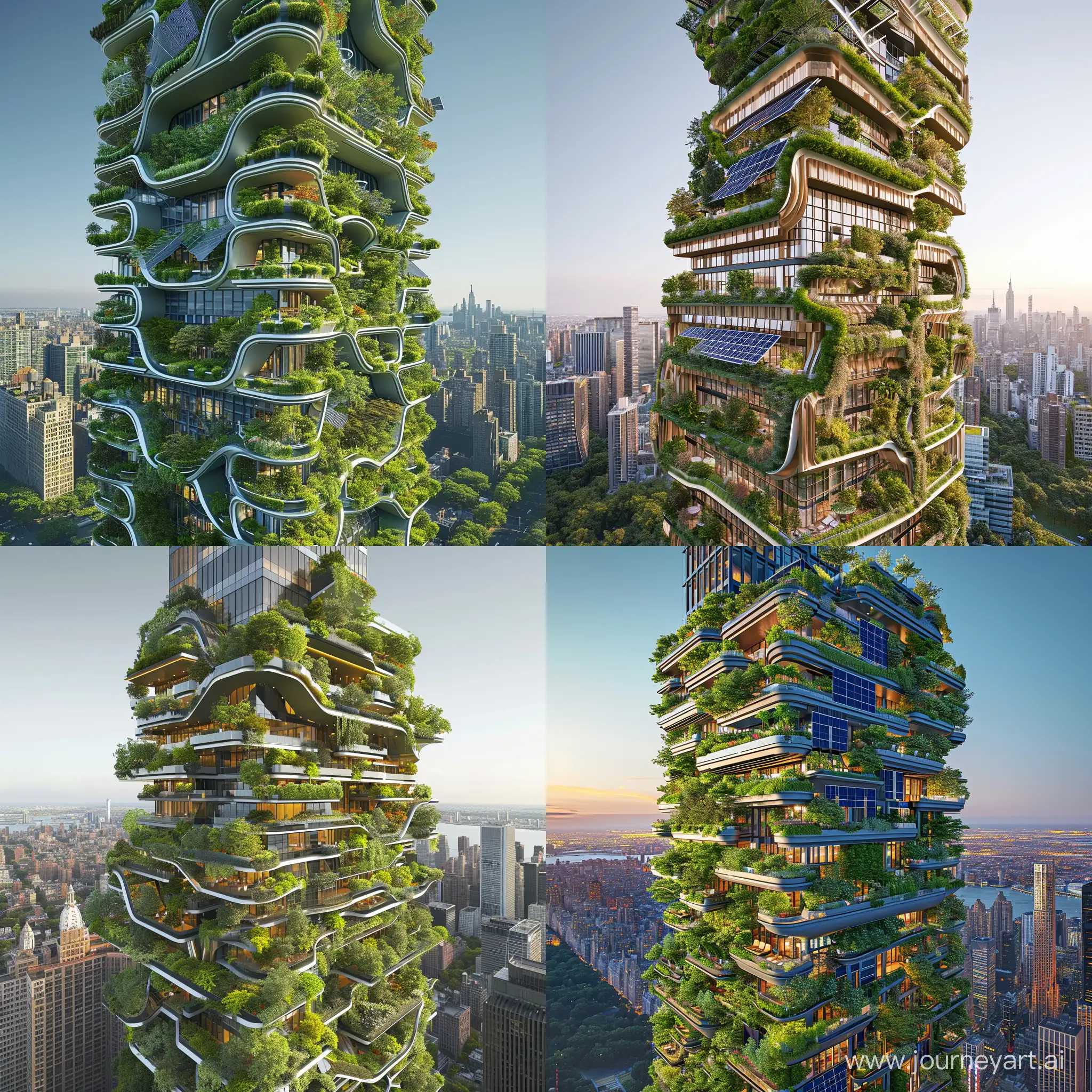 Residential parametric building with fluid shapes, vertical gardens, inspired by the architecture of Babylon, skyscraper, several floors, parametric façade, solar panel façade, parametric algorithms, maximize natural lighting, vertical gardens throughout the façade, terraces on the upper floors ,green and fresh environment, located in new york, super wide angle