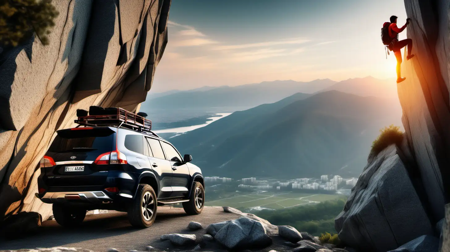 photography of a freeclimber climbing on a mountain. in the foreground parks one modern suv car. dramatic scenery, morning hour