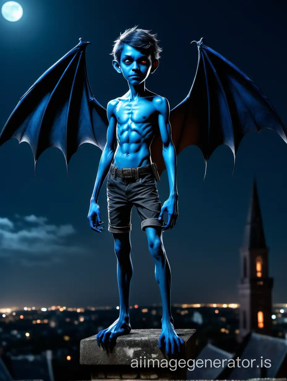 Blue-Winged-Boy-on-Night-Tower-Mysterious-Skinny-Teen-with-Bat-Wings