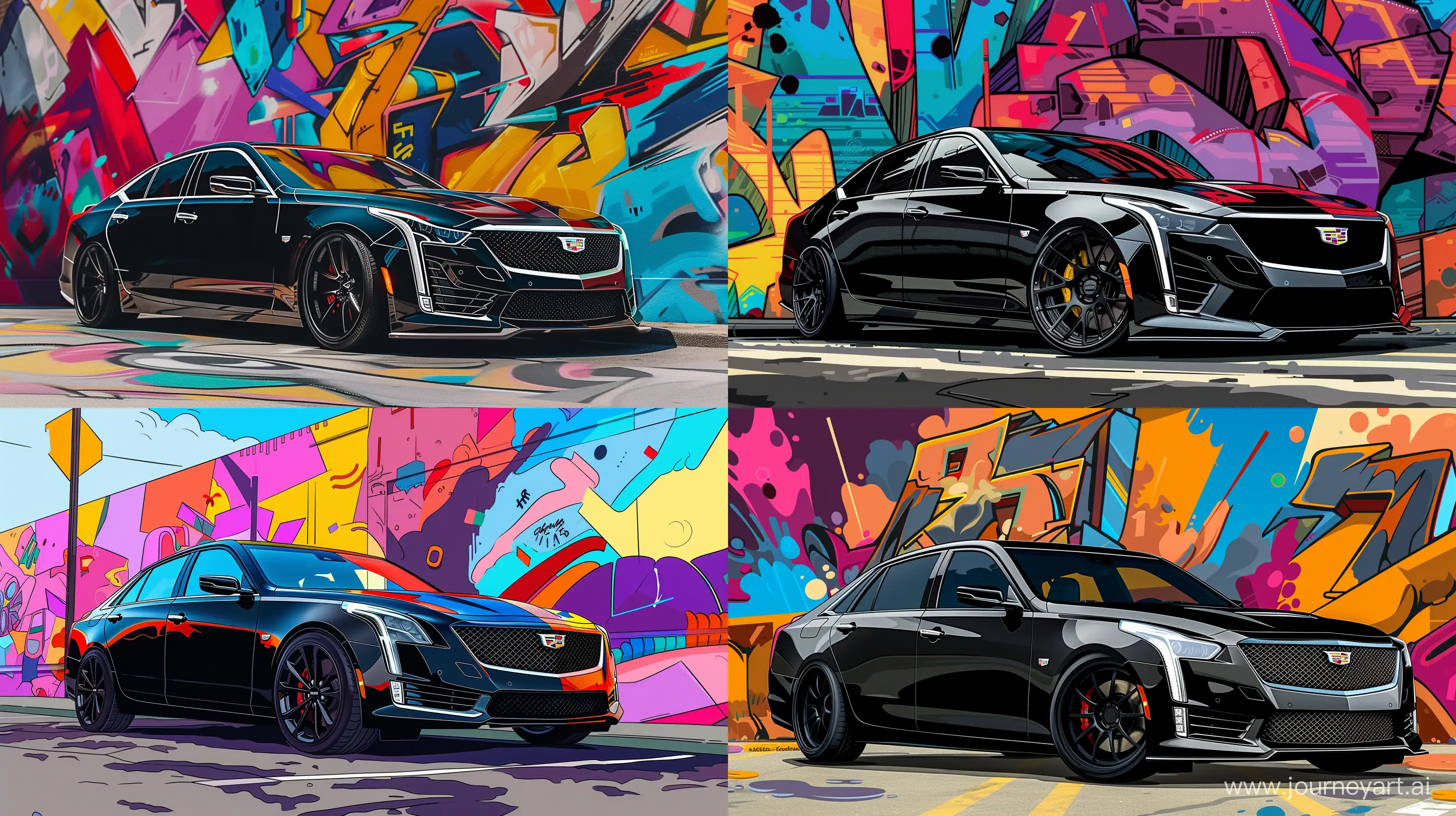 Black Cadillac CT5 wallpaper, in the style of martin ansin, simon stalenhag, mural painting, ary scheffer, colored cartoon style, Adobe Illustrator Software, precision and detail-oriented --ar 16:9 --style raw --v 6