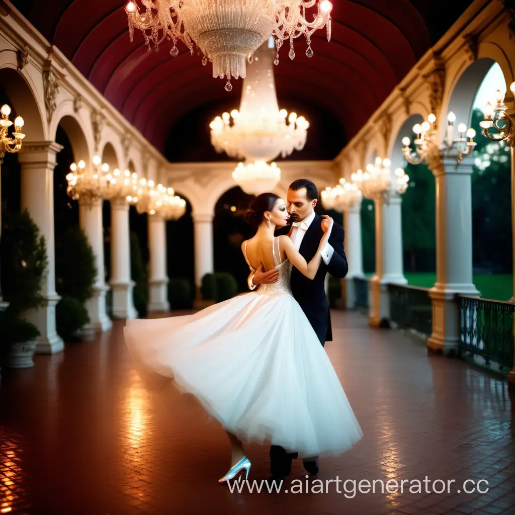 A beautiful woman in a white ball gown dances a tango under a multitude of palace crystal chandeliers on the veranda of the mansion. Against the background of an old English park. Evening. One omni beauty light.