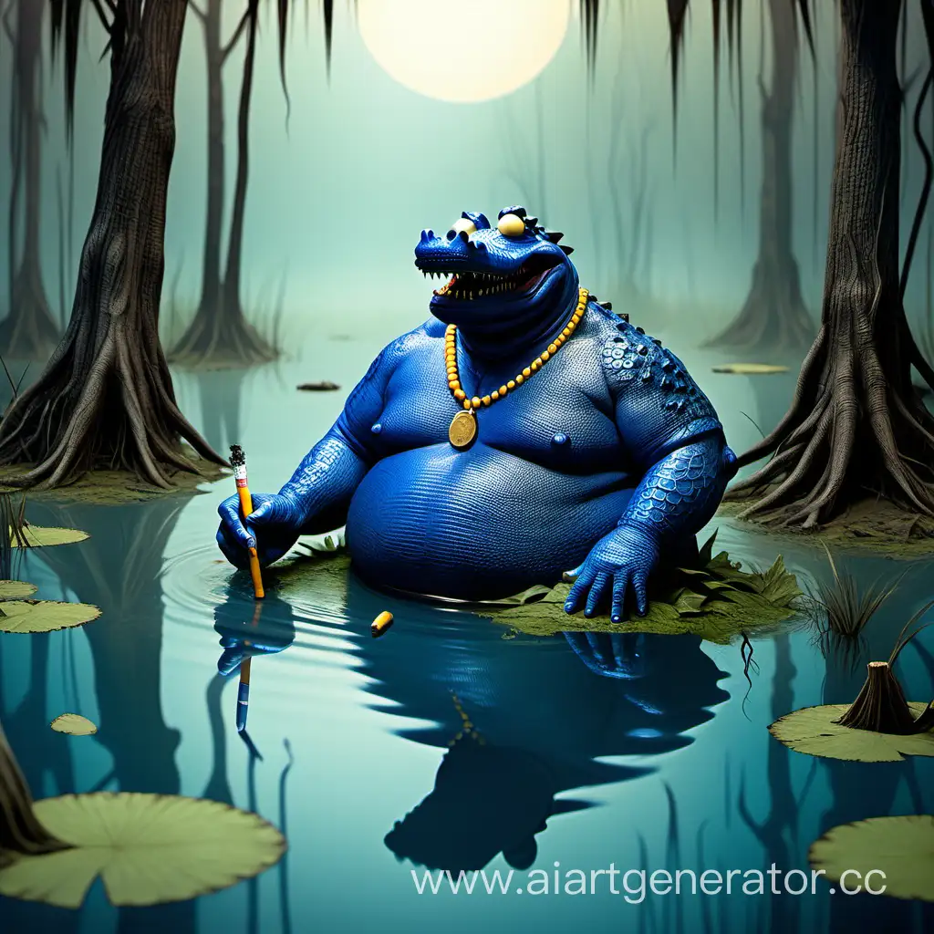 Жирный негр курит сигарету и плавает в болоте с синим крокодилом