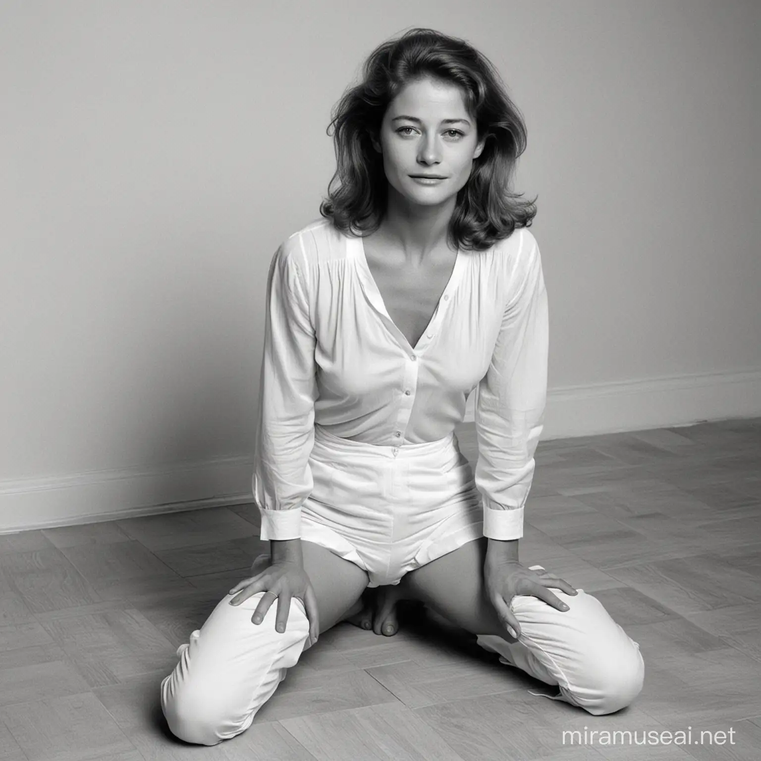 Young Charlotte Rampling posing on her knees, knees spread wide.