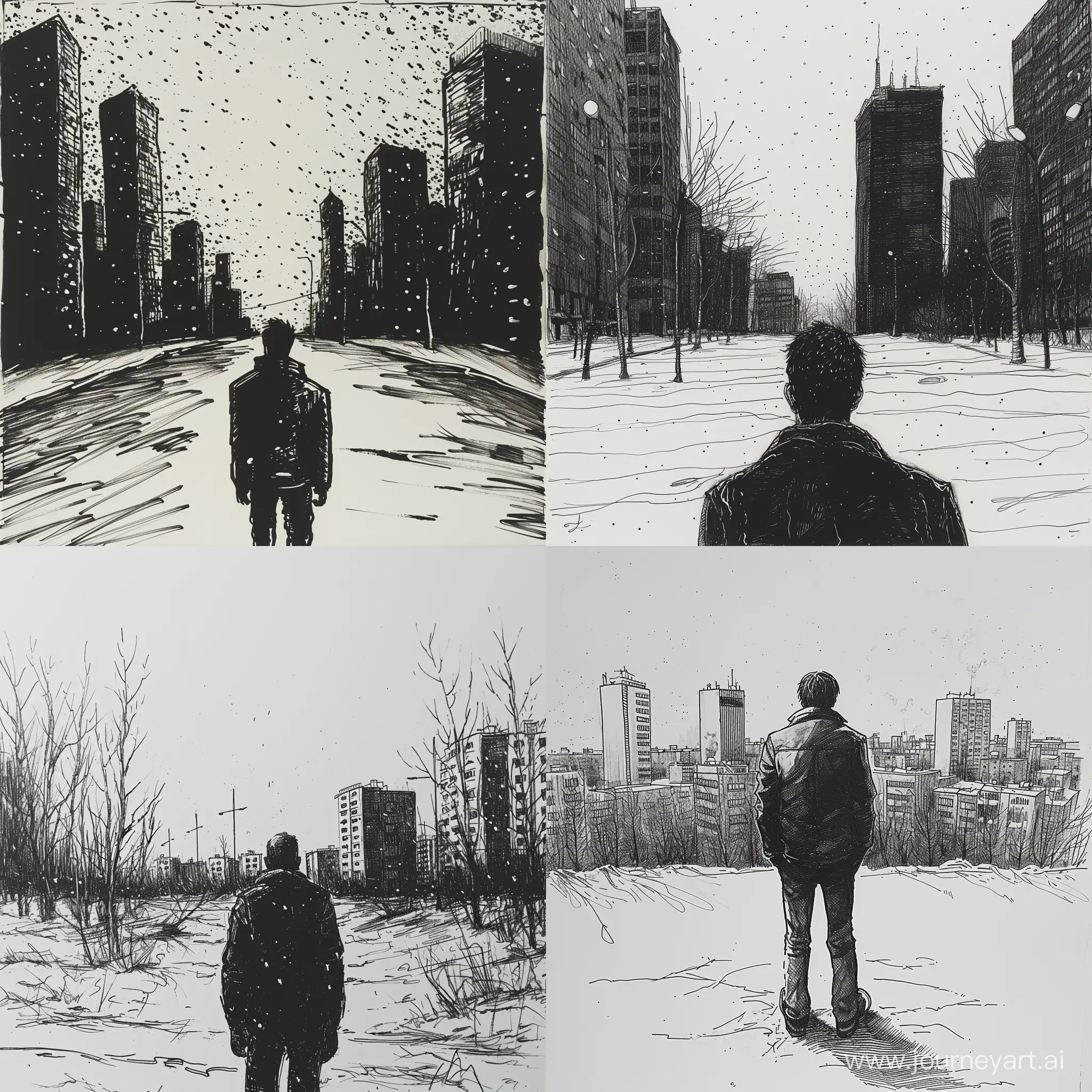 Мужчина, пустой город, зима, одиночество, рисунок чёрной тушью