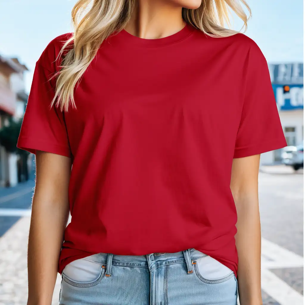 blonde woman wearing bella canvas 3001 oversized pink color t-shirt mockup wearing jeans, clear shirt stiches, street background, soft light
