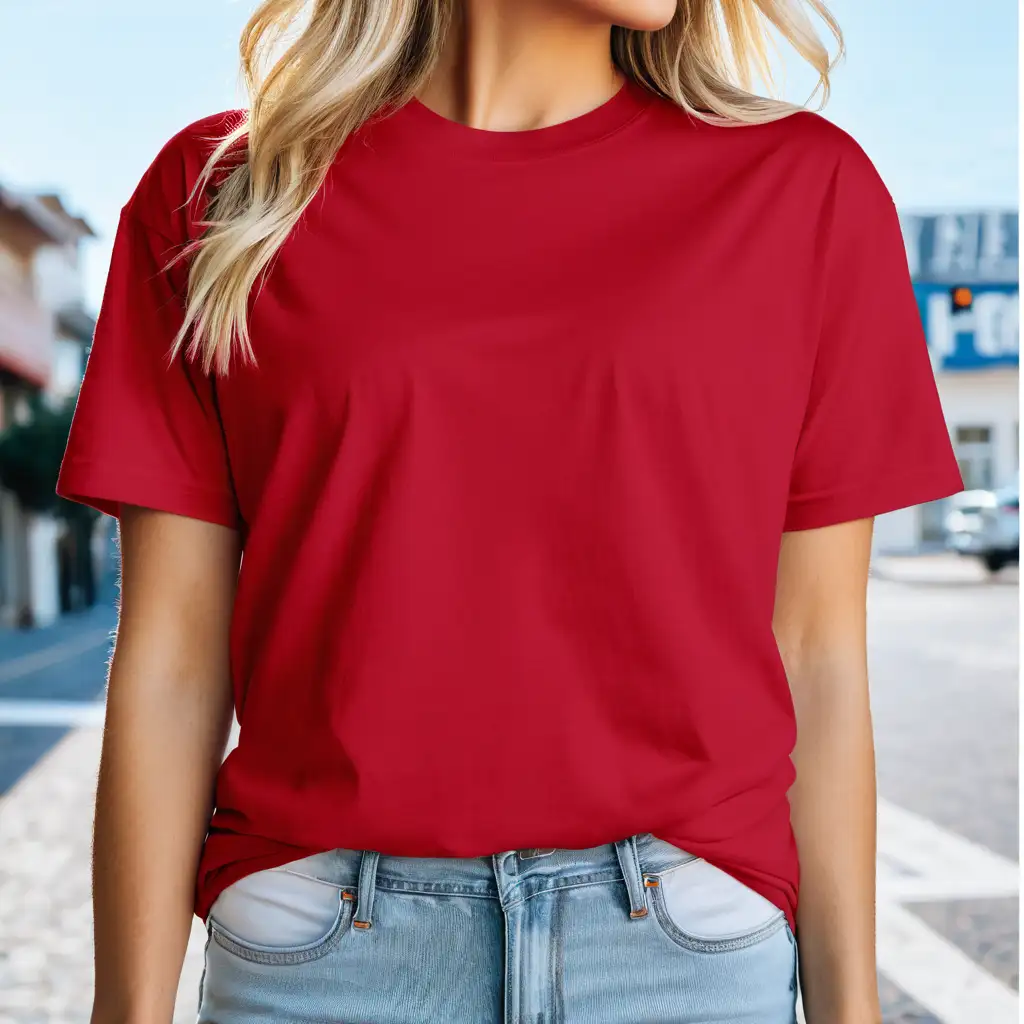 Blonde Woman in Bella Canvas 3001 Oversized Pink TShirt Mockup