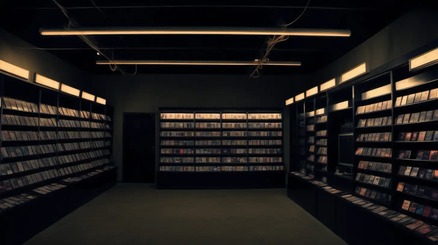 INDUSTRIAL STYLE VIDEO STORE VHS EMPTY WITH LIGHTS ON ORAGE tungsten LIGHTING AND MOODY DARK NIGHT. 

ONE WINDOW LEFT SIDE OF THE ROOM SHOWING THE NIGHT LIGHT