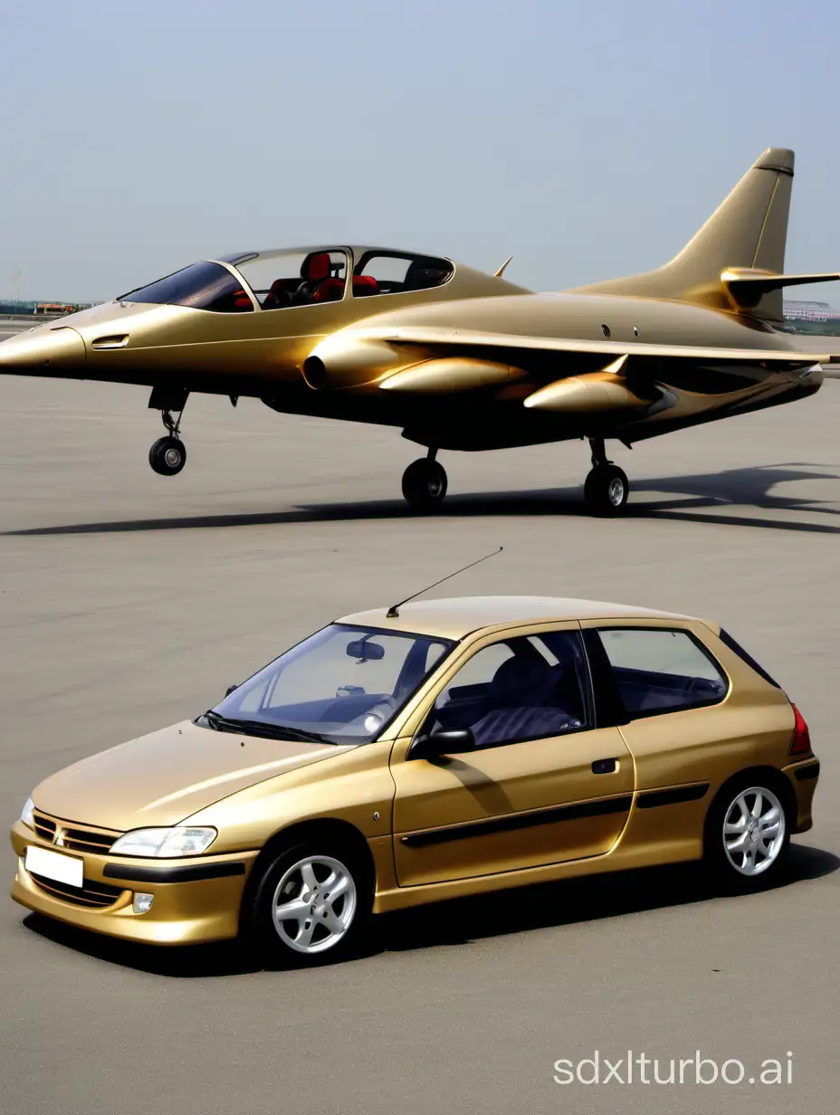 a gold-colored Peugeot 306 with a jet engine behind it