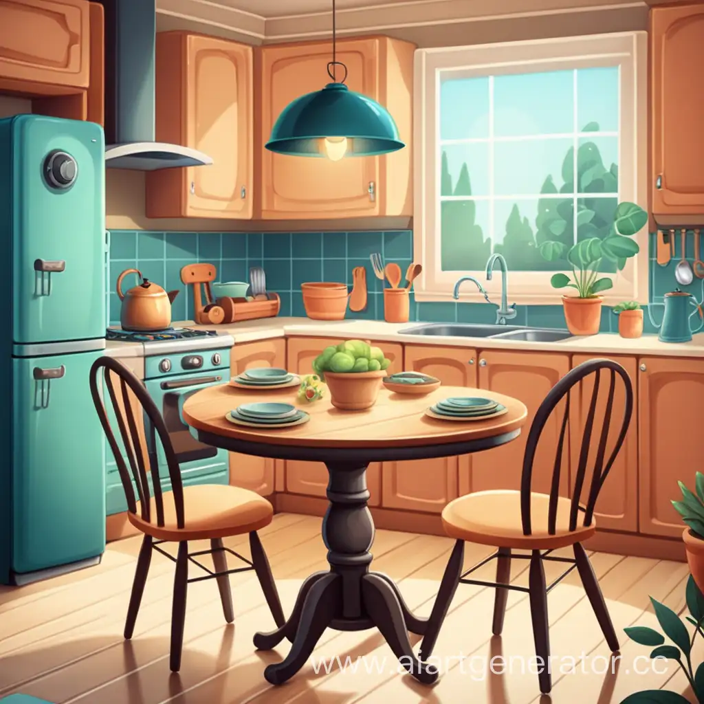 cozy kitchen with a round table. Cartoon illustration