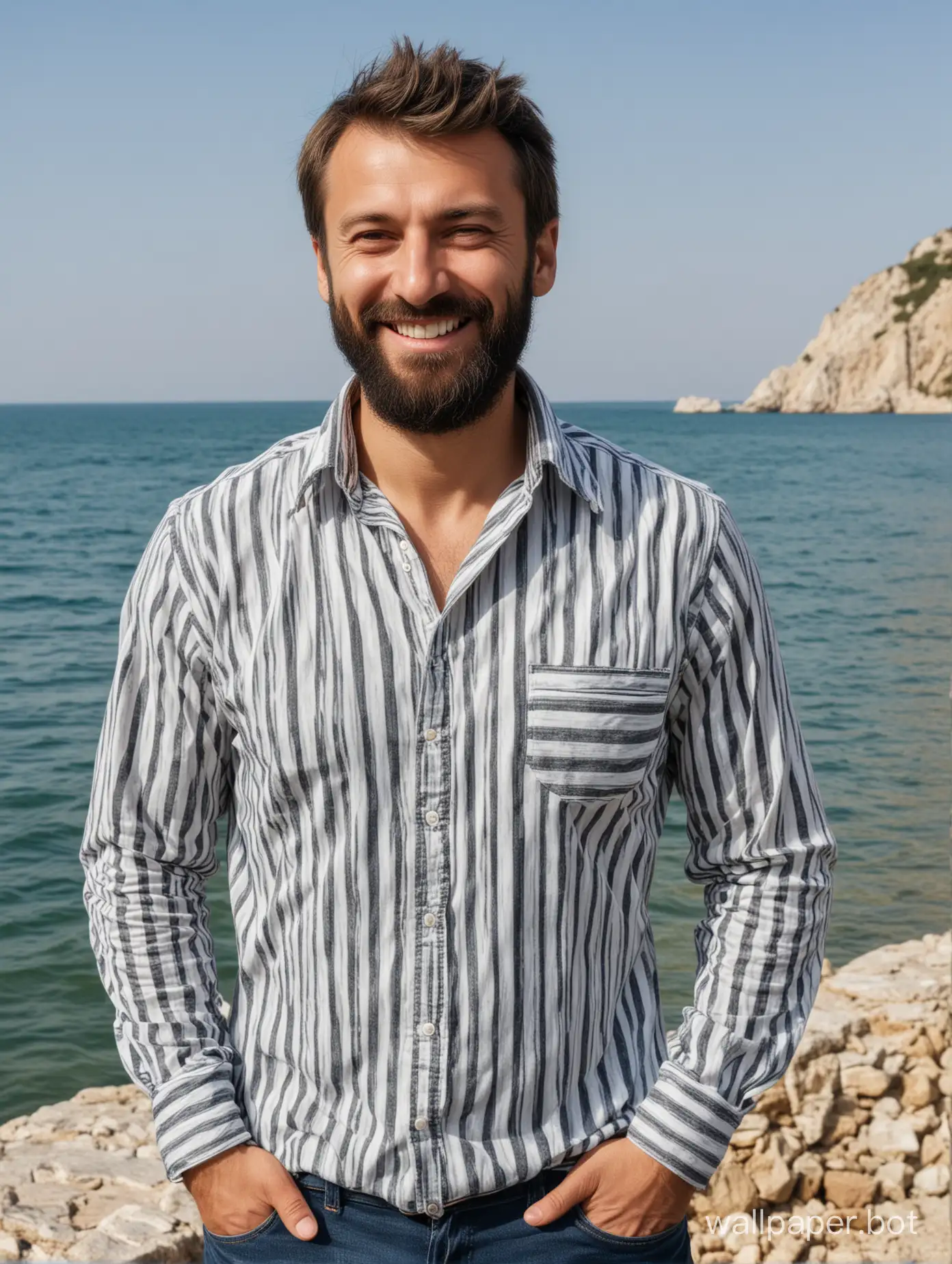 Smiling-Man-in-Striped-Shirt-Standing-by-Black-Sea-Shore-Crimea