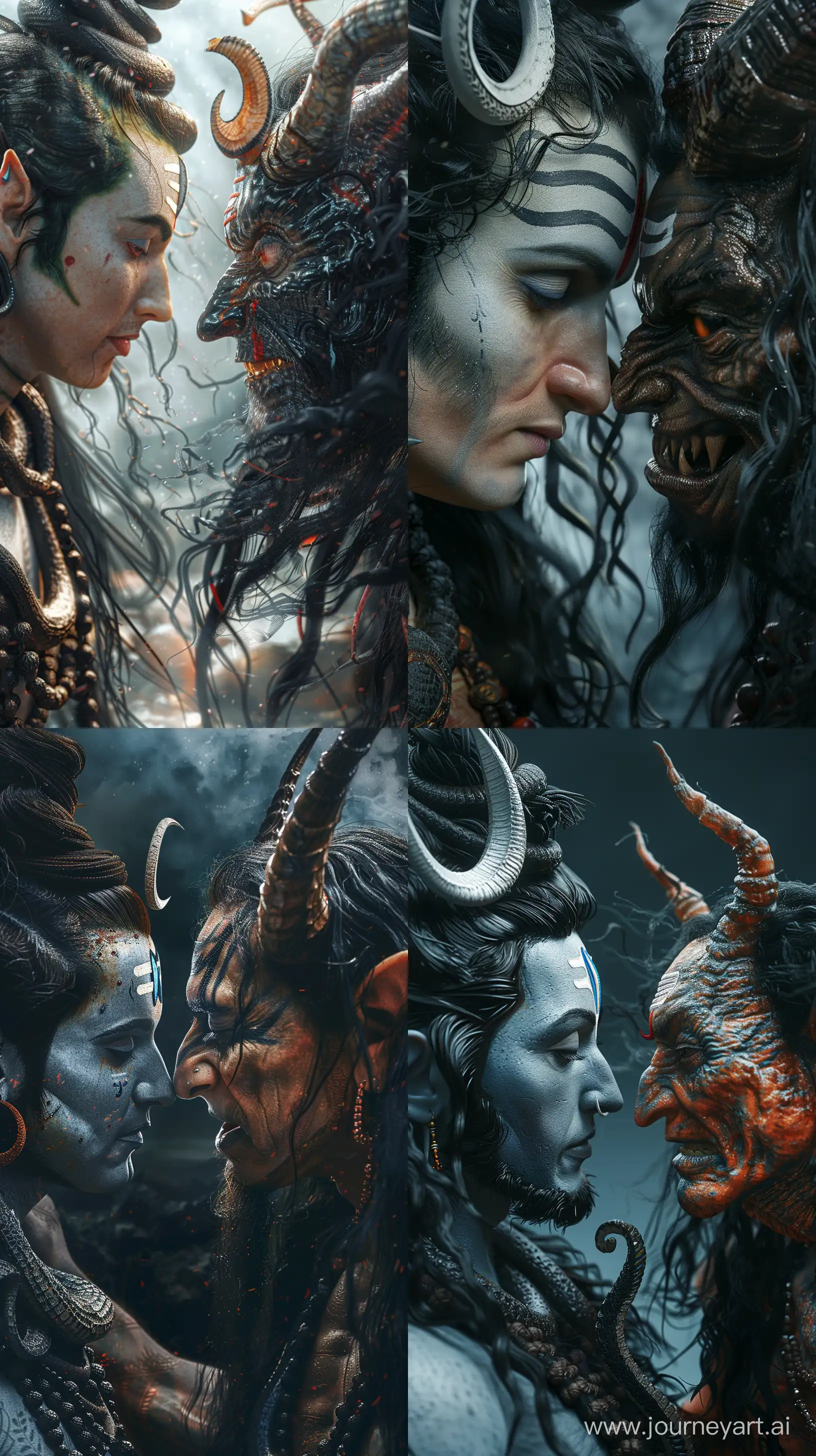 Realistic images depicting Lord Shiva clashing with a demon with 2 horns(clean shaven, long black hair) , face to face, close-up image, intricate details 8k qual --ar 9:16 --v 6