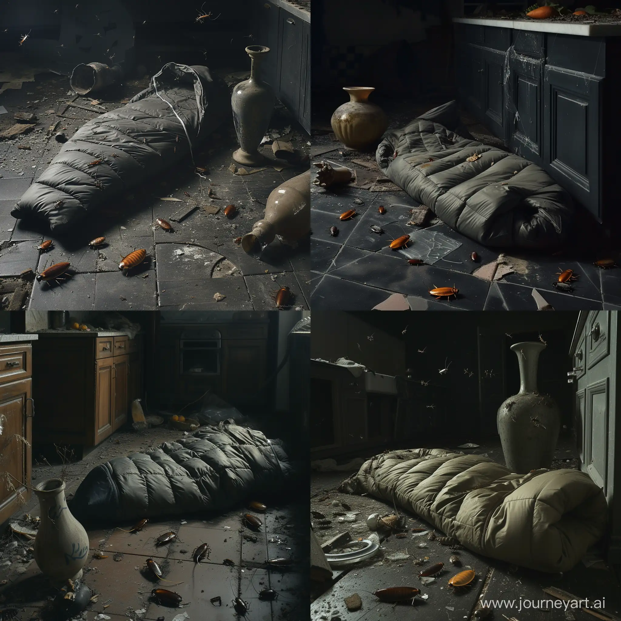 Abandoned-Kitchen-Horror-Dark-Scene-with-Sleeping-Bag-Insects-and-Broken-Vase