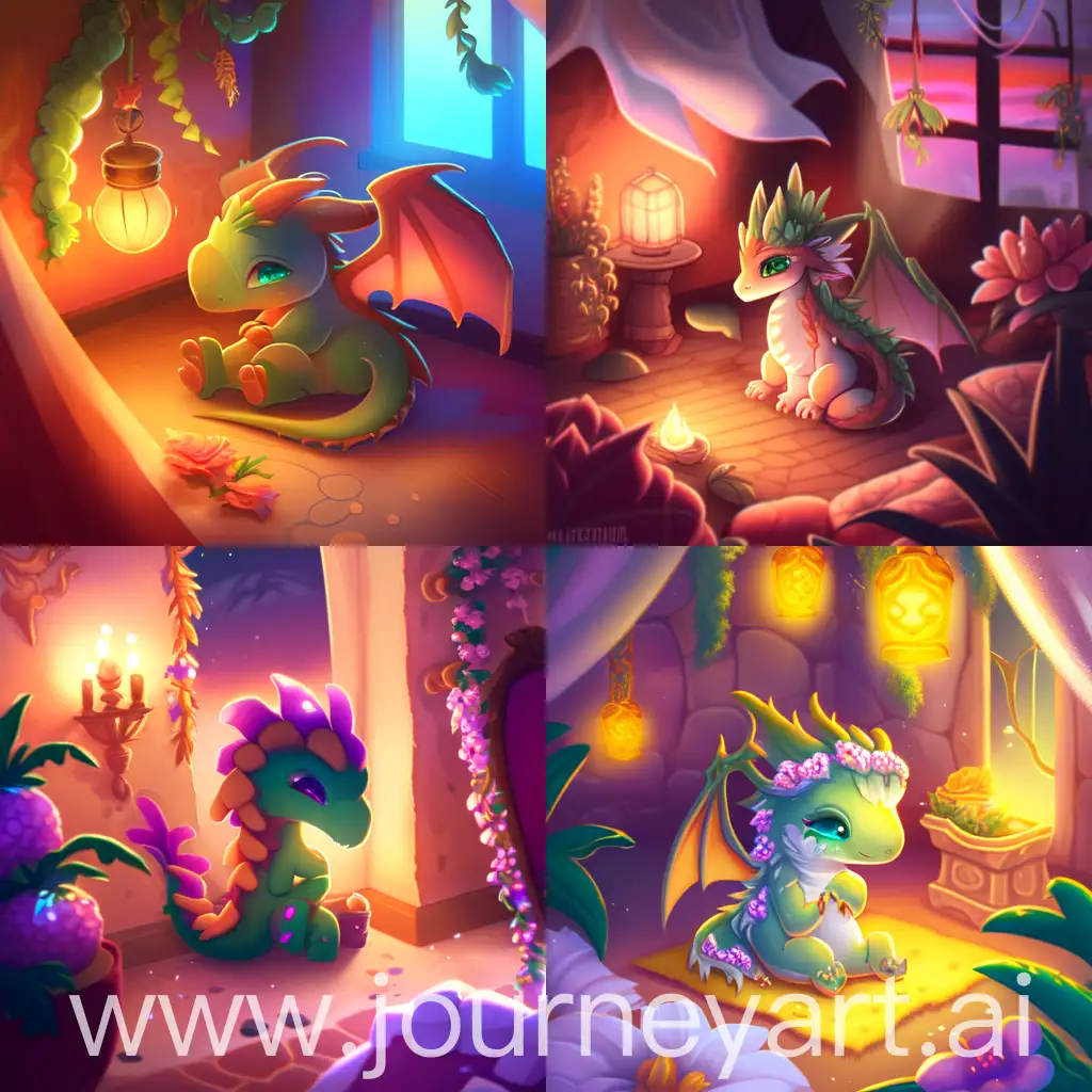 A cute, sad, baby dragon in the colours of a sunset. Sitting on her bed, in a Bohemian style cave with misty white lights hanging from the ceiling.  Some green plants. A cute mother dragon in the same colours as the baby dragon.
