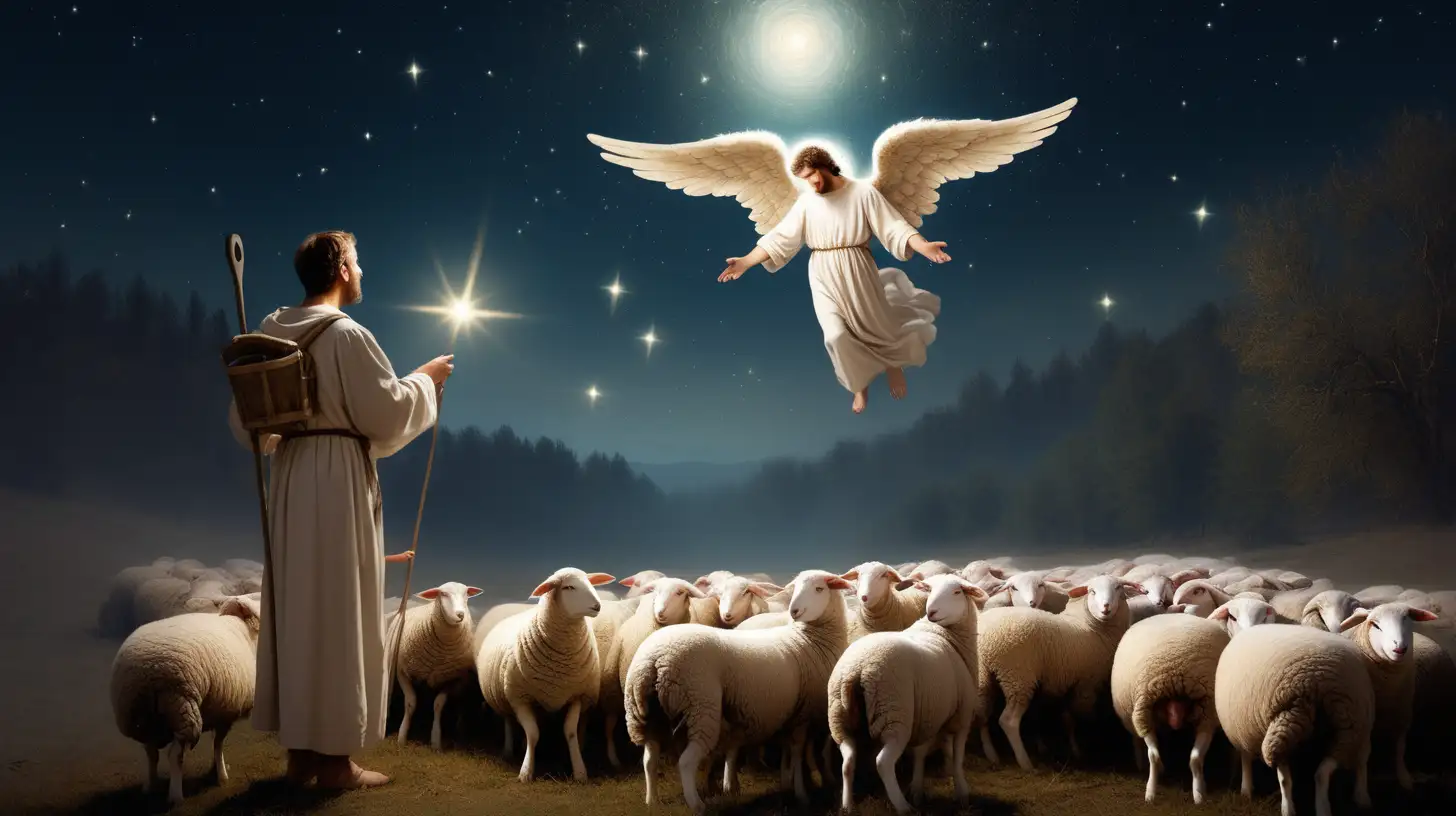 天使在夜空里向正在野外放羊的牧羊人显现